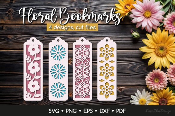 4 Bookmarks with Flowers SVG Papercut